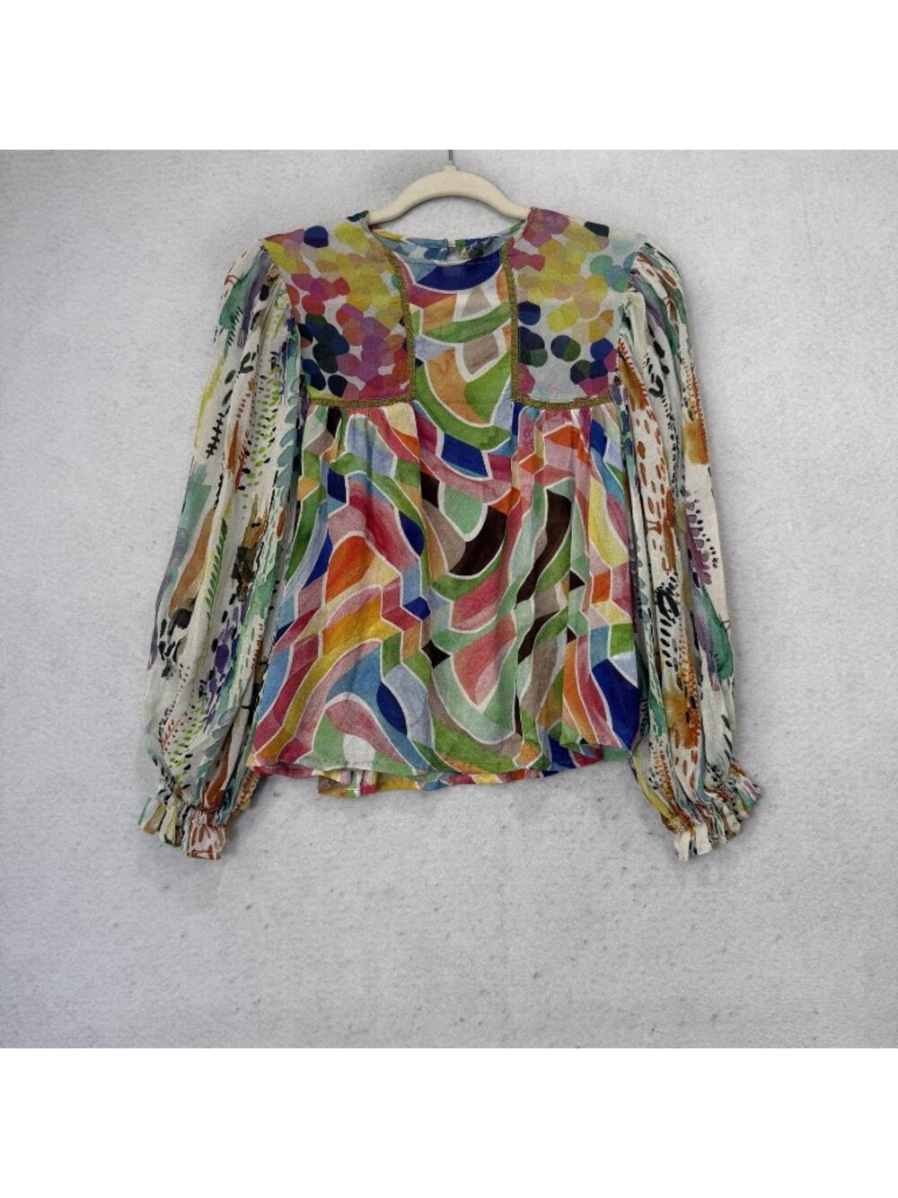 Bl^nk London Blouse Womens XXS Multicolor Geometric Sheer Balloon Sleeve Top